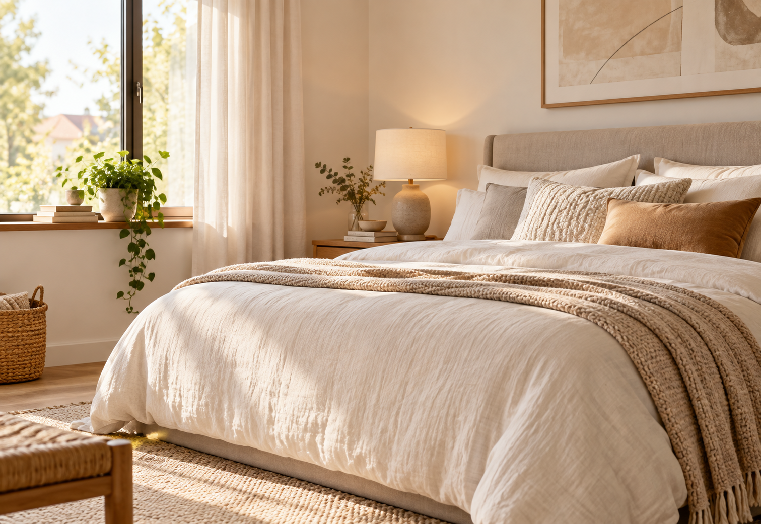 Comfortable neutral bedroom with soft bedding