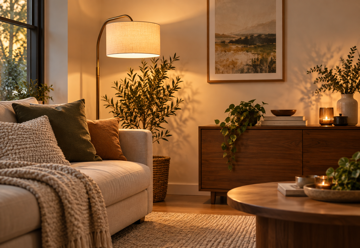 Warm living room with sofa and floor lighting