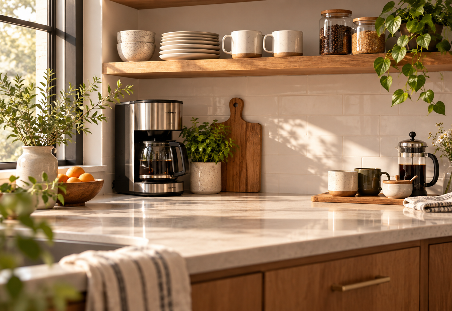 Modern kitchen counter with coffee machine and kitchenware