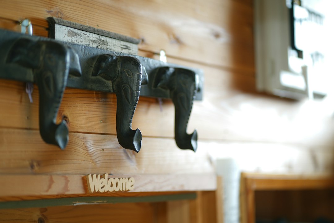 a couple of metal hooks on a wooden wall